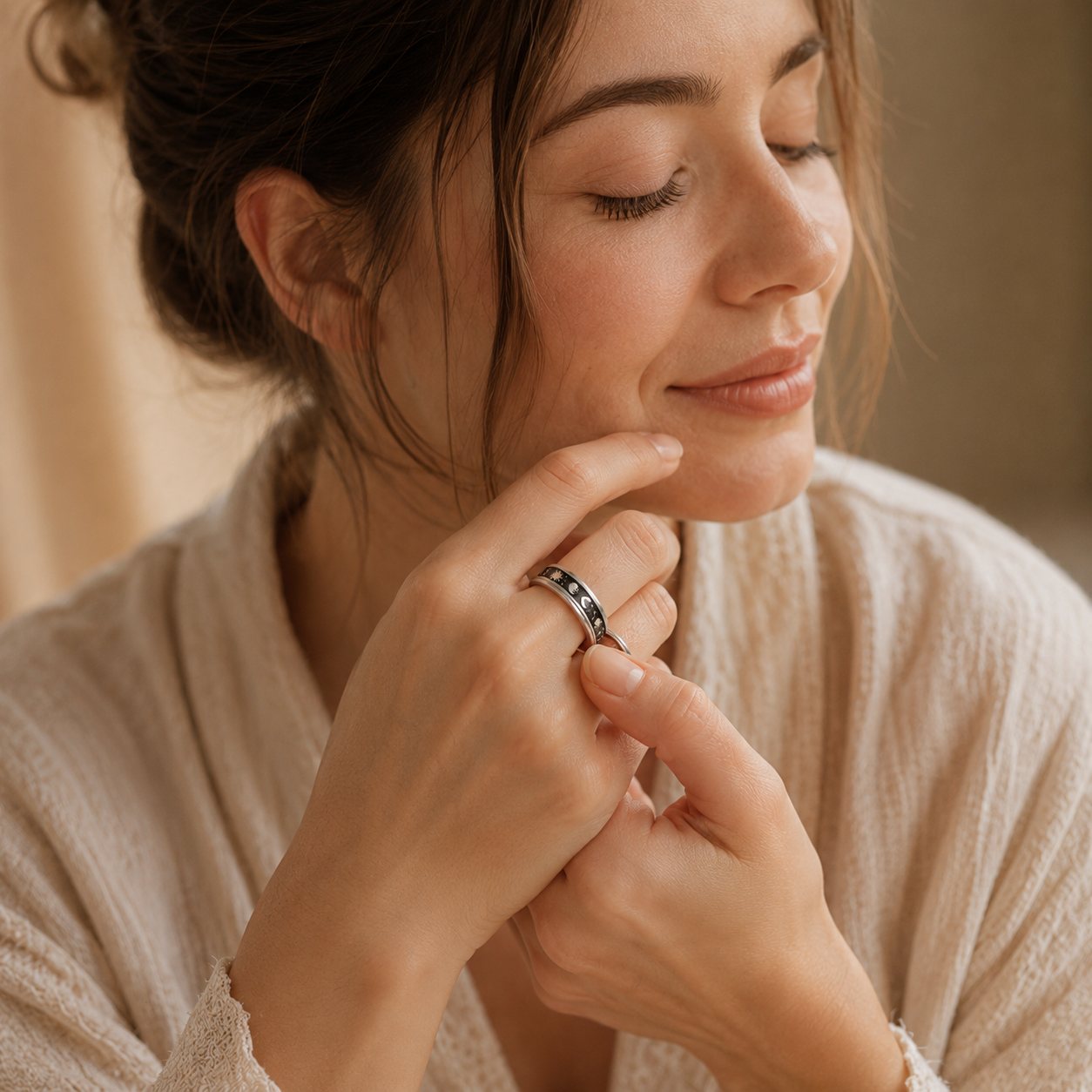 Vrouw komt tot rust en draait aan haar Maanrust ring